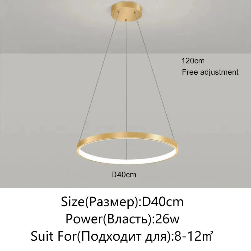 Modern round LED pendant light with gold ring, 40cm diameter, 120cm adjustable height