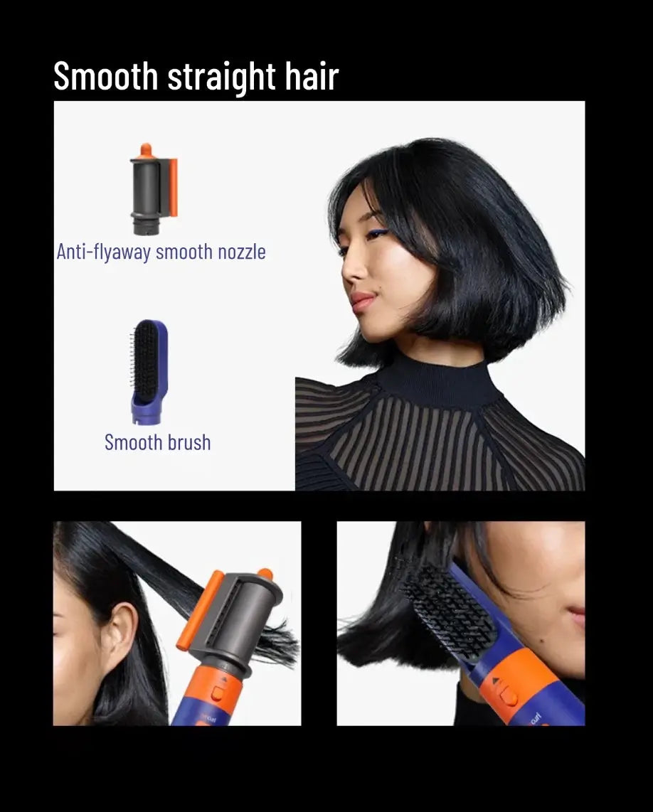 6-in-1 hair styler with curling barrel, anti-flyaway nozzle and smooth brush for smooth straight hair