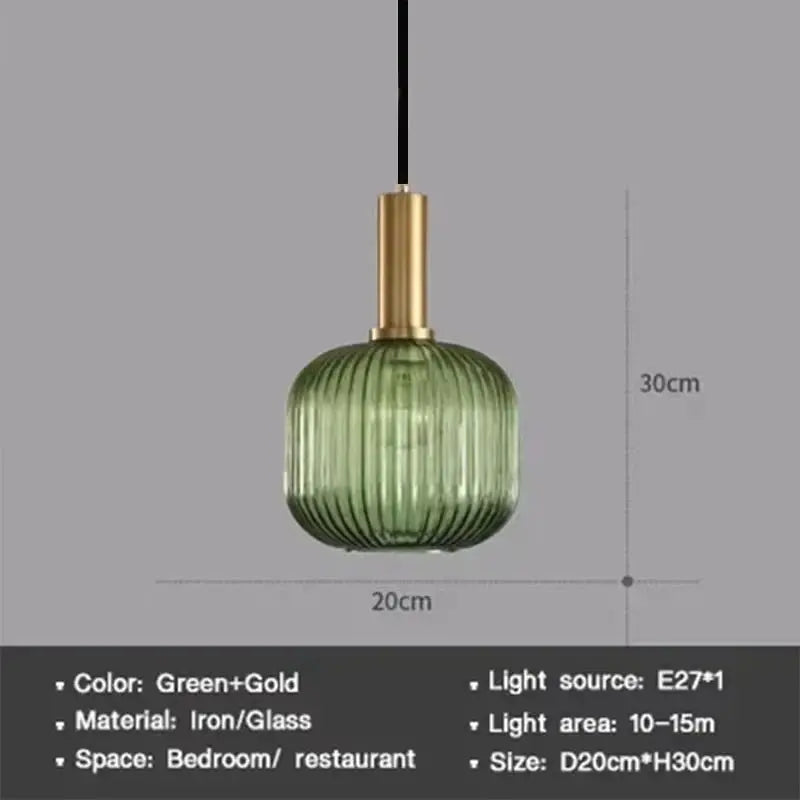 Simples Market Nordic glass pendant light with green ribbed glass shade and gold metal top on black cord
