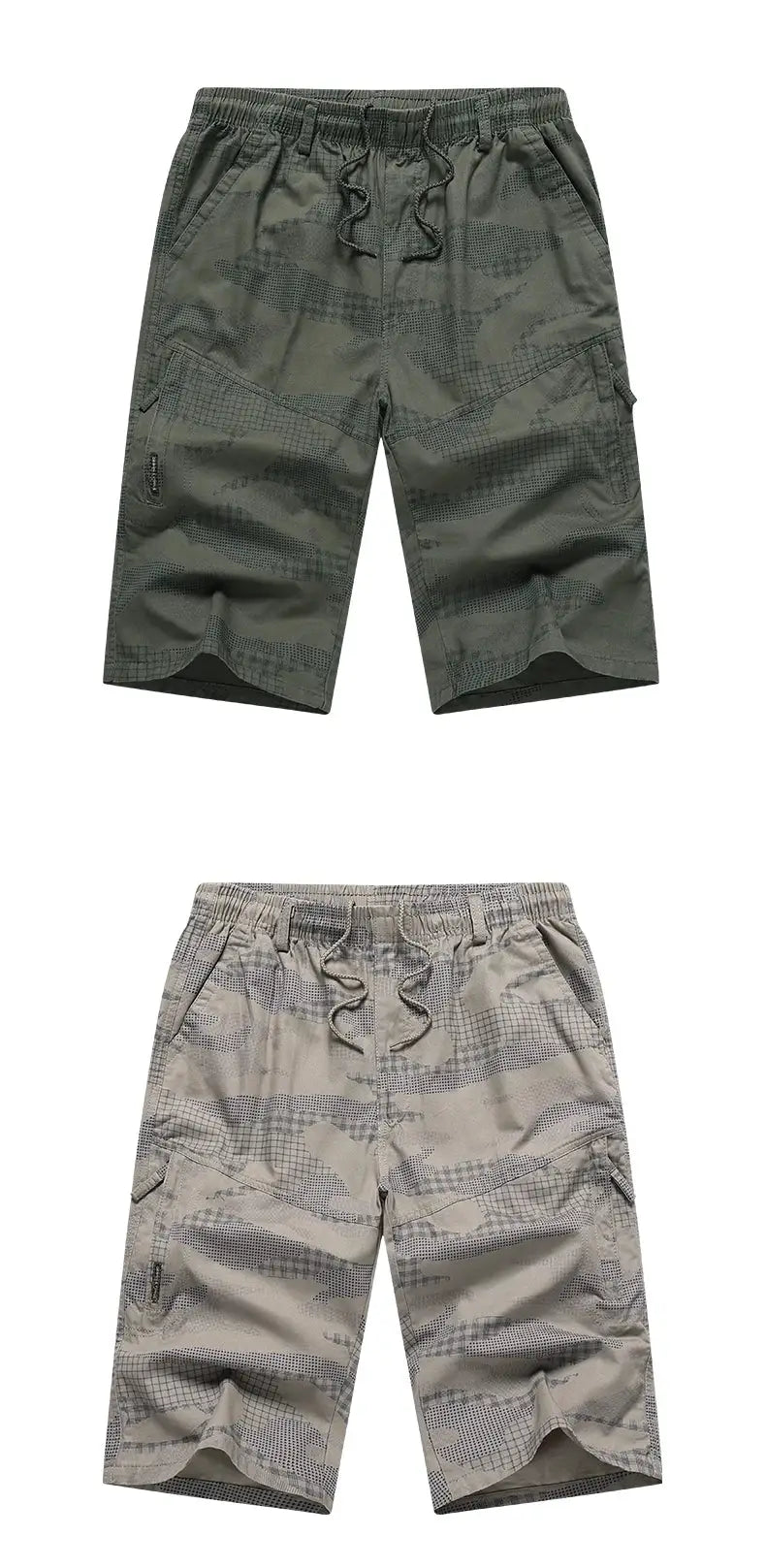 Two Simples Market men's knee-length cotton casual shorts in olive and beige camo with drawstring waist and zip pockets
