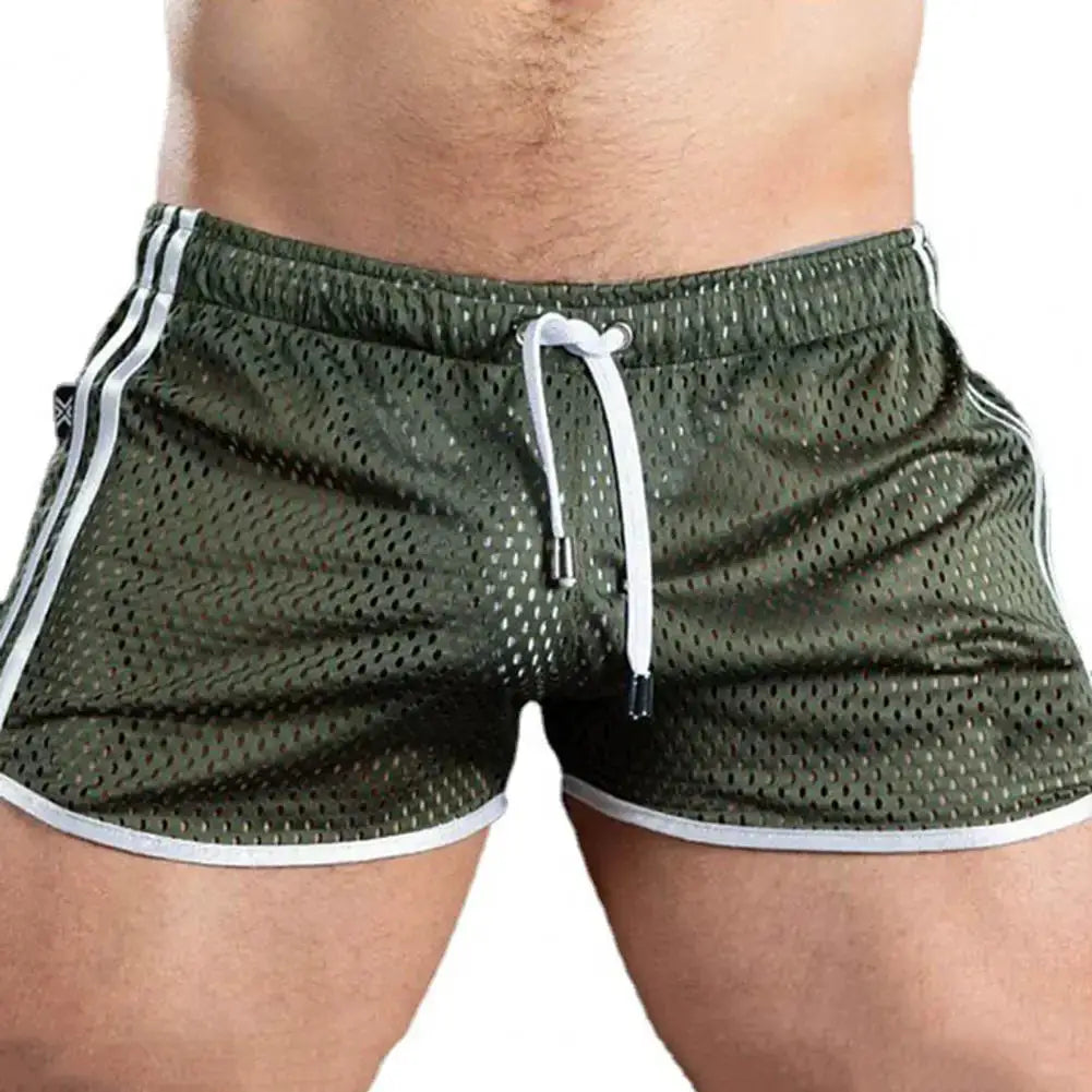 Men's olive green mesh sport shorts with white drawstring and trim, elastic waist, quick-dry for gym and beach
