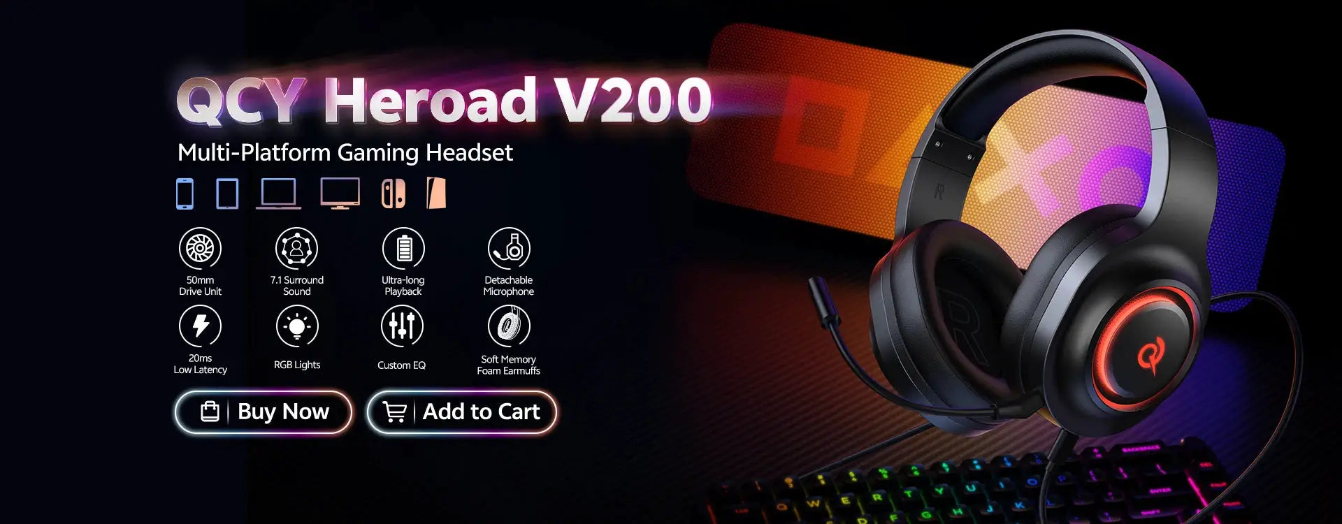 QCY H3 ANC wireless over-ear headphones with RGB lighting and detachable mic