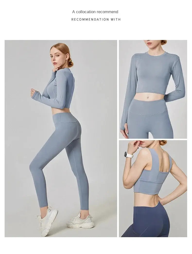 Simples Market UPF50+ women's yoga leggings set in blue-gray; high-waist with long-sleeve crop top, multiple views.