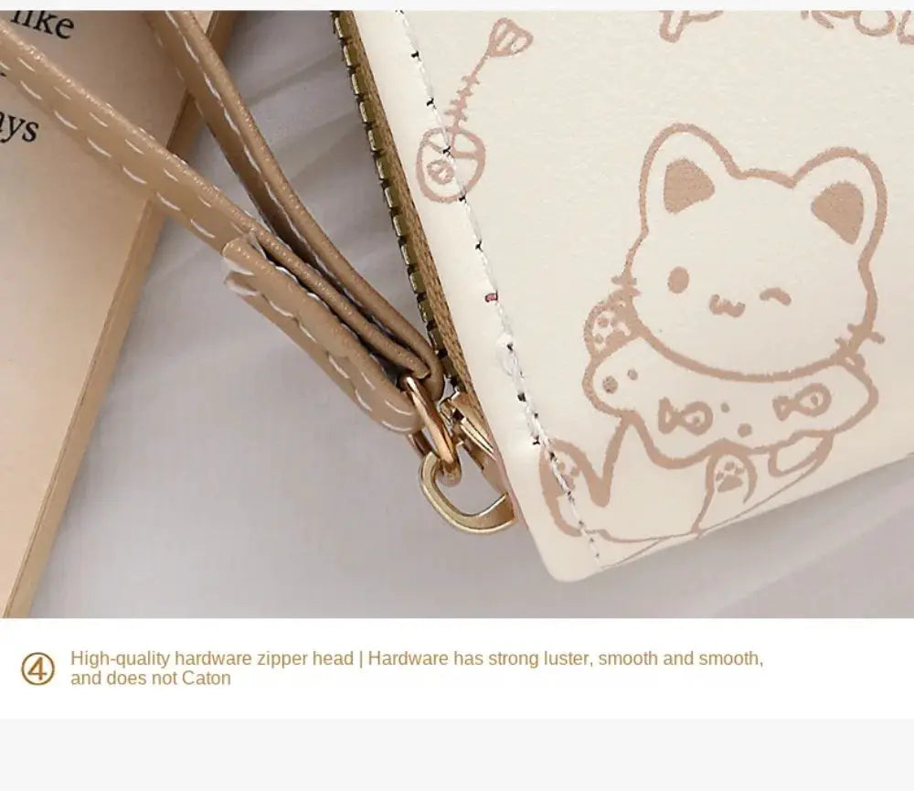 Cute cat coin purse wallet by Simples Market in beige PU leather with detachable strap and large capacity
