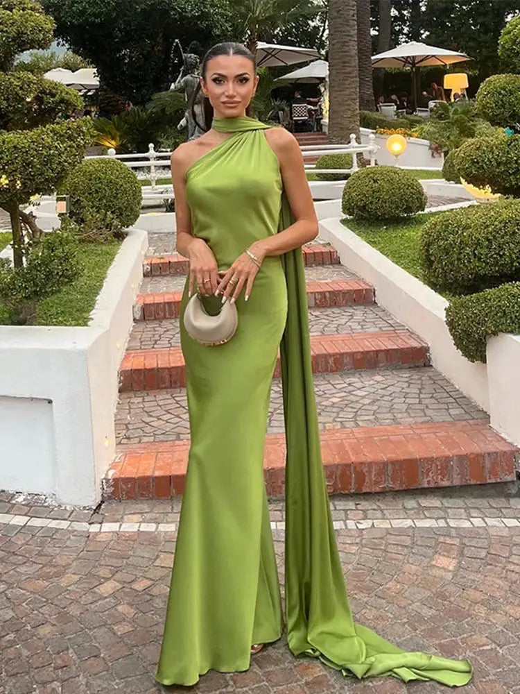 Glamouria Satin Ribbon Party Dress Halter Backless Off Shoulder Sleeveless Gown For Summer Events
