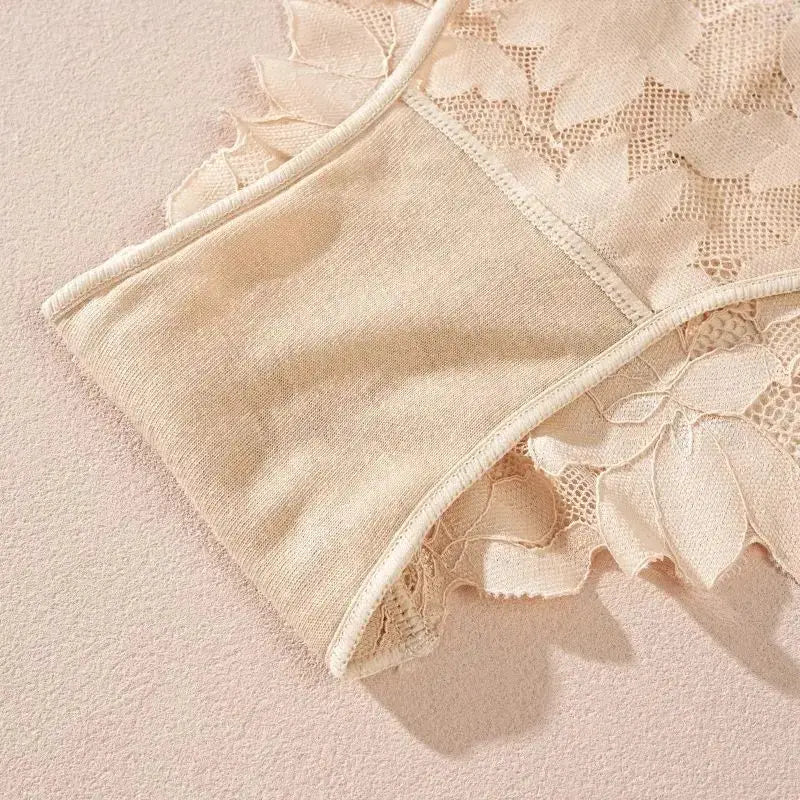 Floral lace panties in nude shade, low-waist breathable underwear close-up
