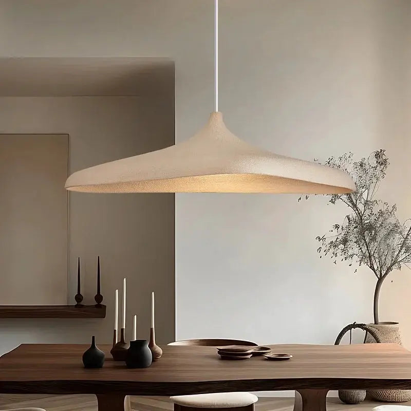 Japanese Wabi Sabi LED pendant light by Simples Market, cream ceramic ceiling chandelier for dining room.