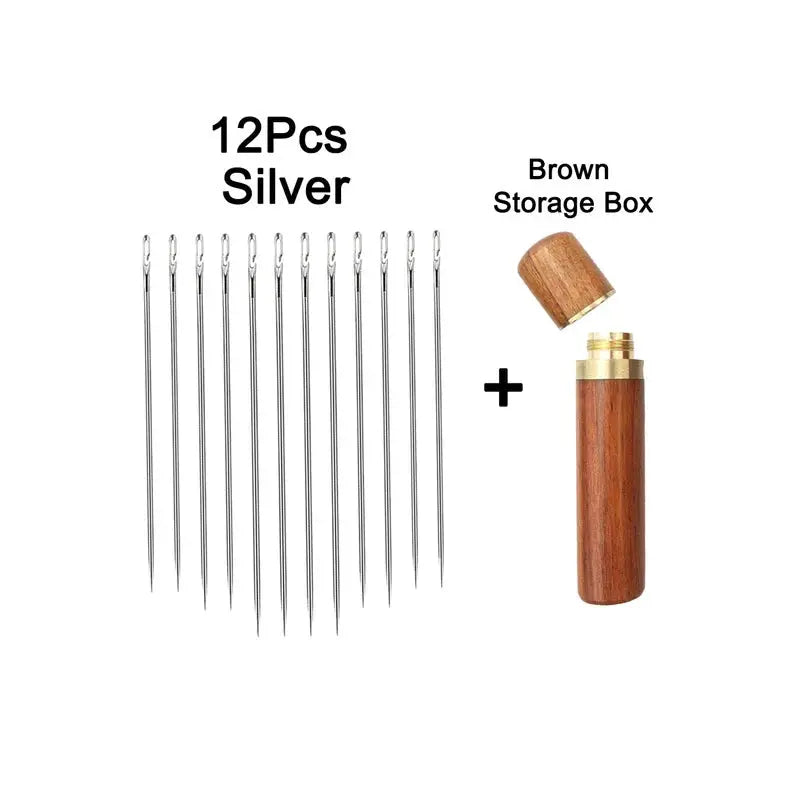 Sewing needles set, 12pcs, silver stainless steel with brown wooden storage box.