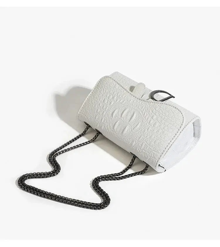 Simples Market white crocodile-embossed crossbody handbag with silver chain strap