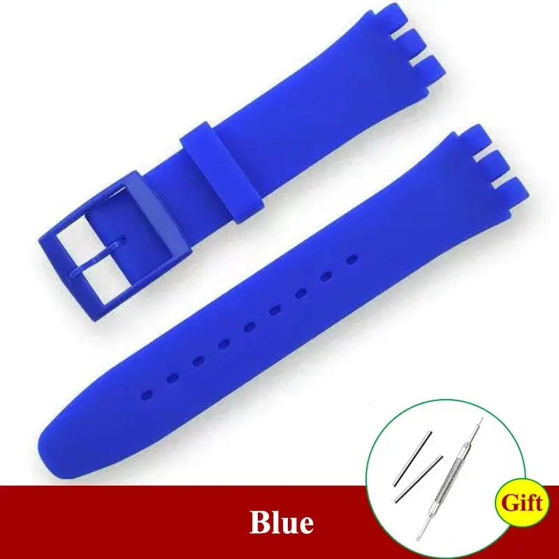 Blue silicone Swatch watch band, 16–20mm sport replacement strap with buckle; includes gift tool set