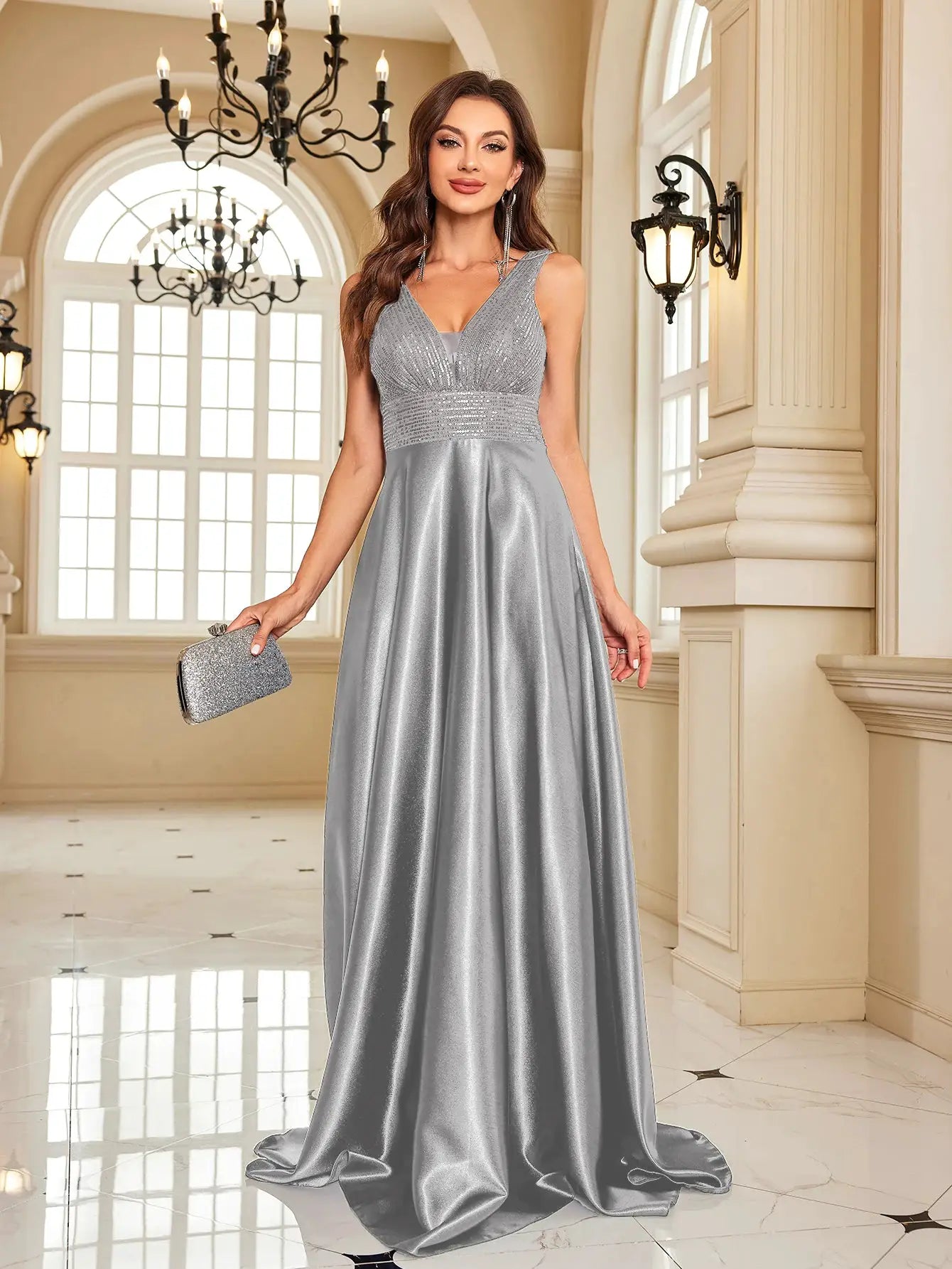 Emerald Green Sequin Evening Dress V Neck Satin Prom Floor Length