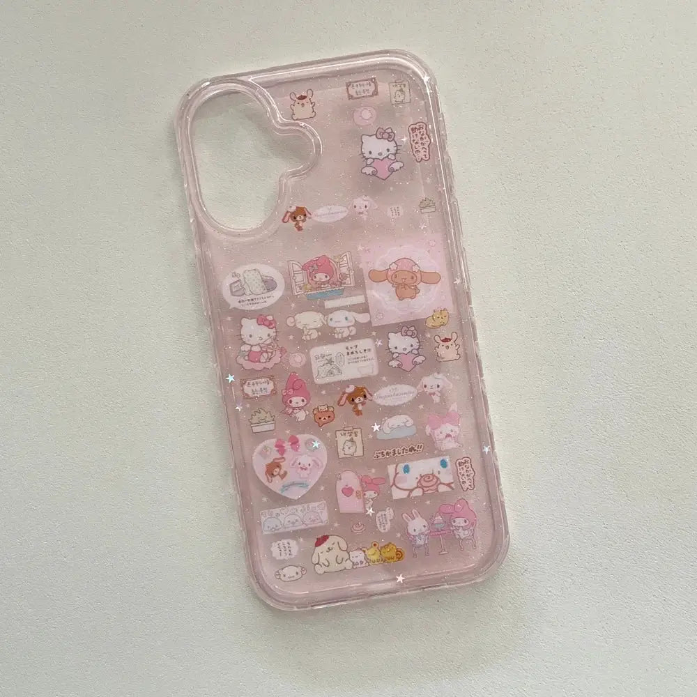 Phone case for iPhone, pink translucent with Hello Kitty cartoon designs, glittery back and kawaii stickers