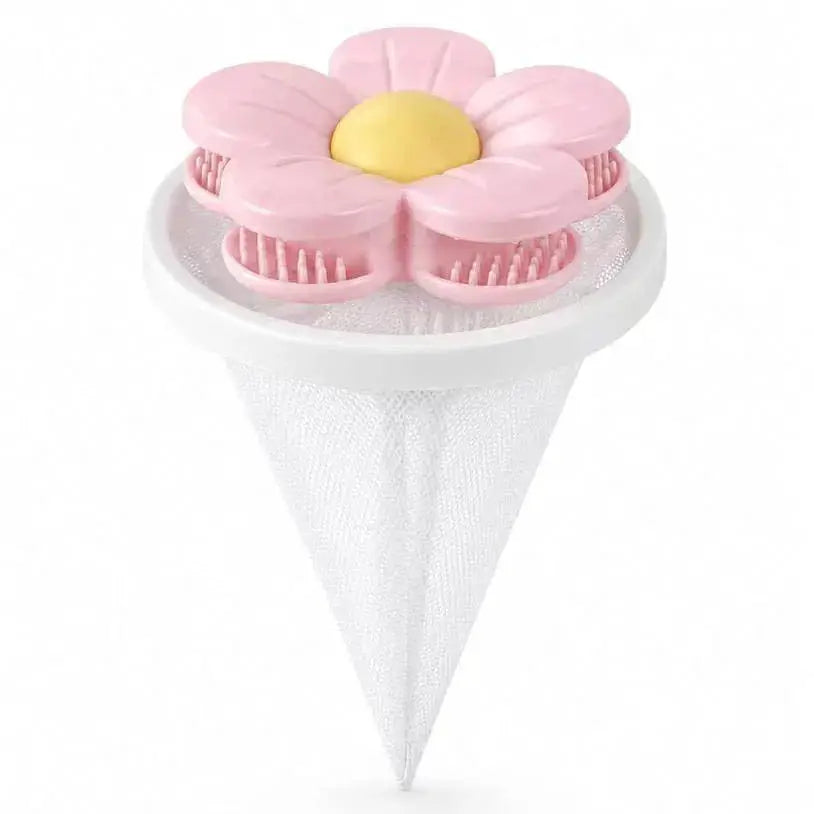 Washing machine filter bag with pink flower top; reusable mesh lint catcher by Simples Market.