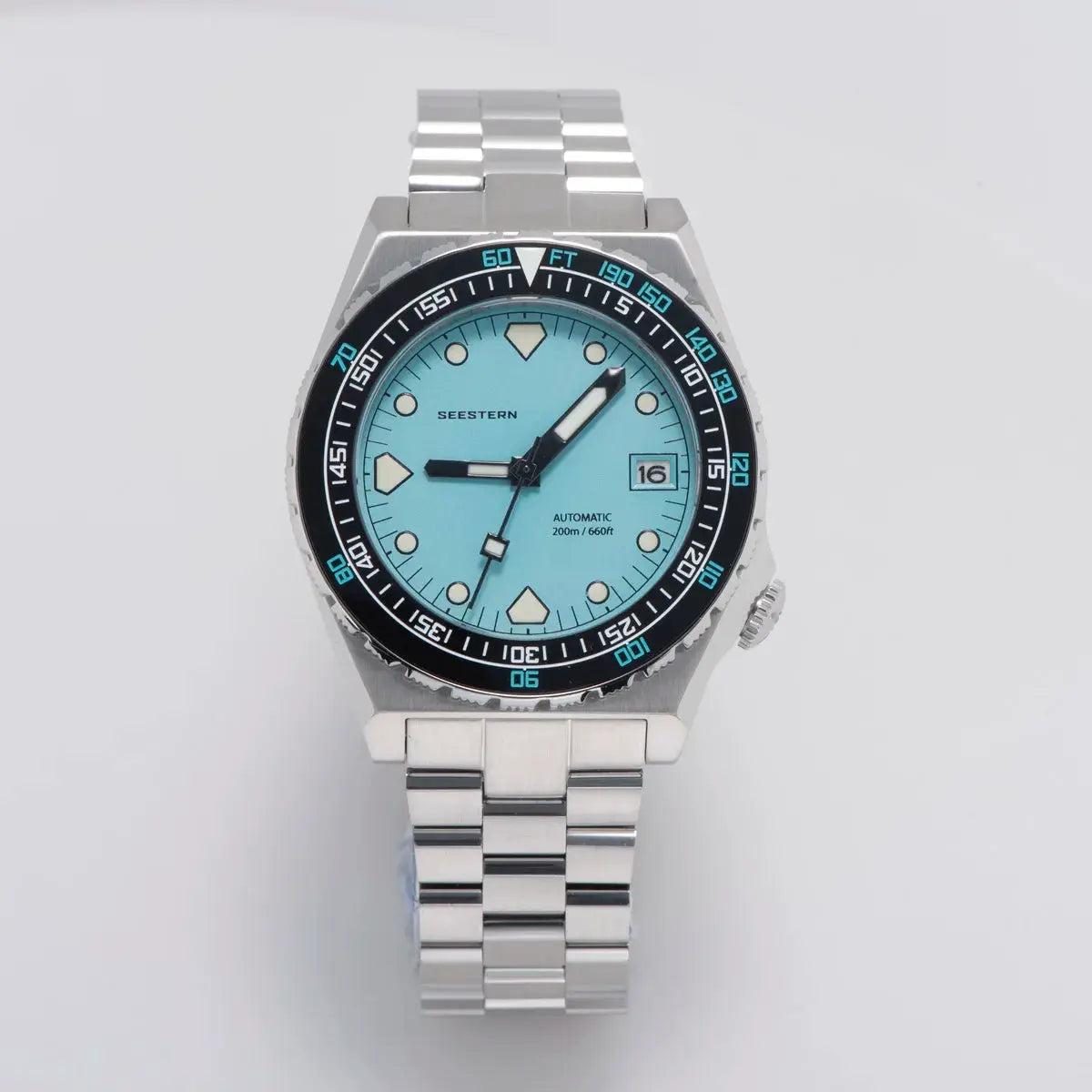 Seestern SUB600T men's diver watch with turquoise dial, ceramic bezel, stainless steel bracelet