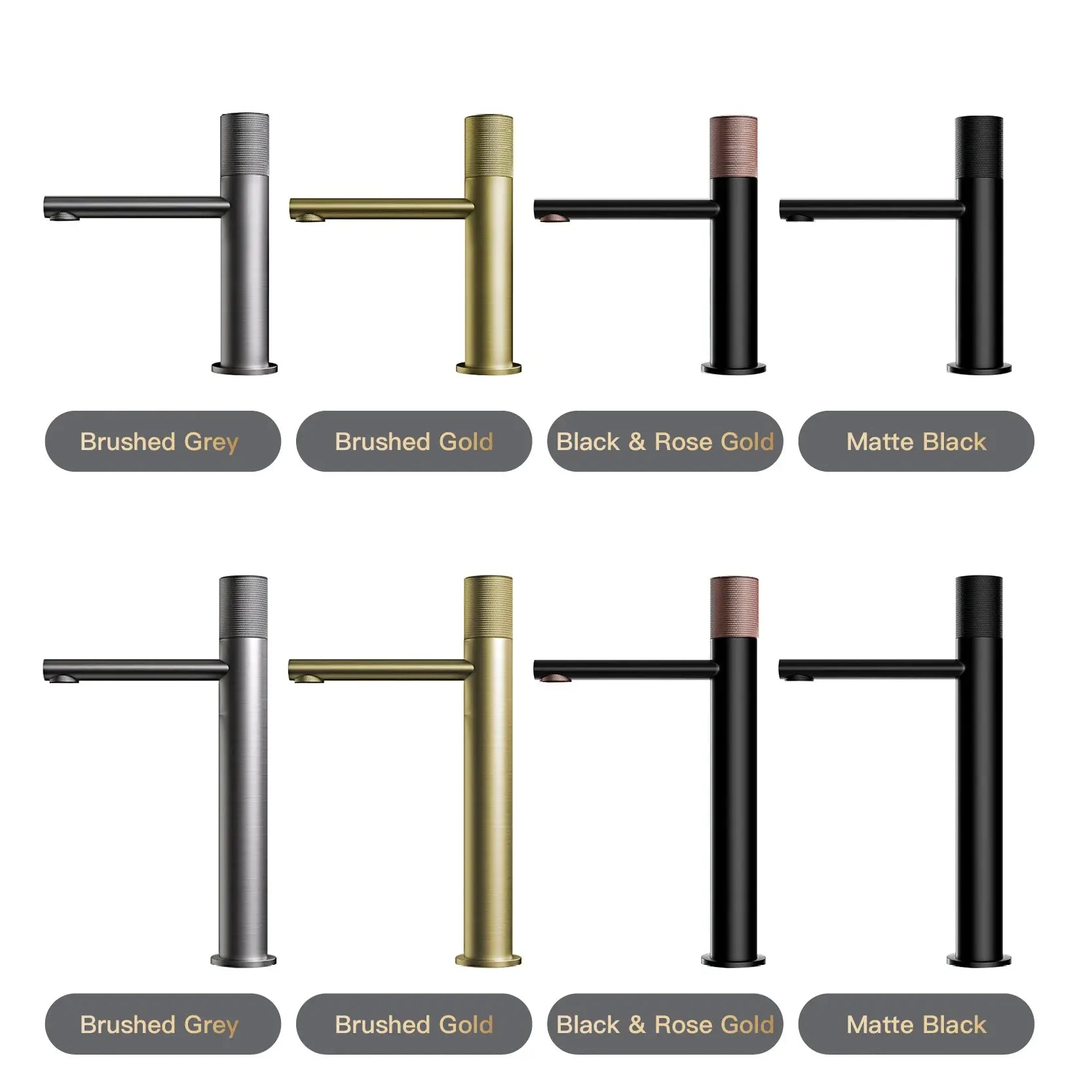 Brass bathroom faucet set in four finishes: brushed grey, brushed gold, black & rose gold, and matte black