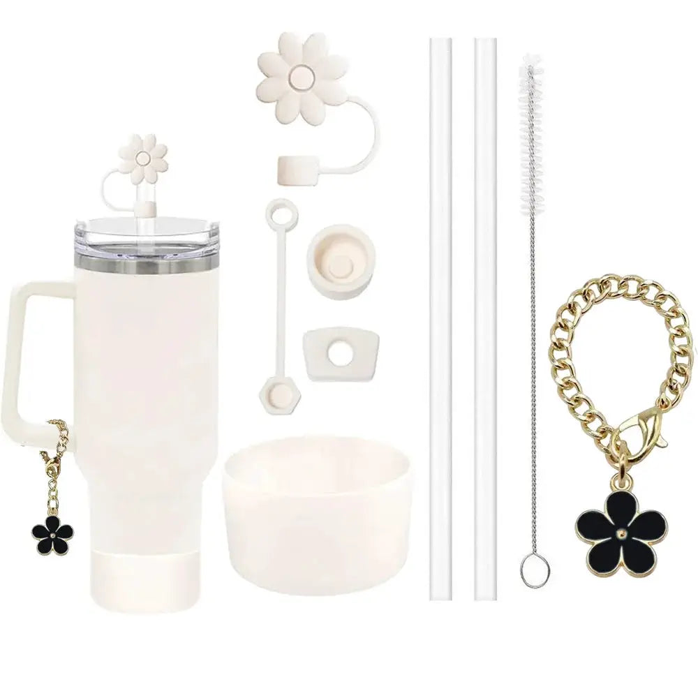 9 Piece Stanley Cup Accessories Set With Flower Spill Proof Stoppers 2 Straws And Brush And Flower Charm Chain
