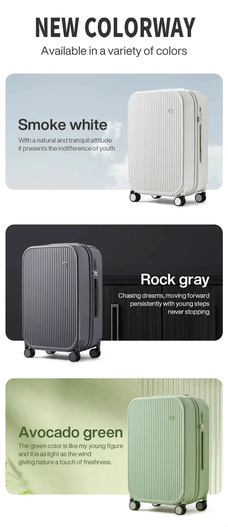 Mixi carry-on suitcase by Simples Market; hard-shell, 3 colorways with spinner wheels