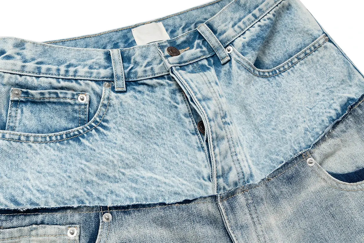 CUT-UP double-layer patchwork denim jeans, light-blue baggy straight-cut with front pockets