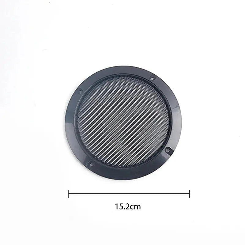 Round speaker grille with black plastic frame and metal mesh, 15.2 cm diameter