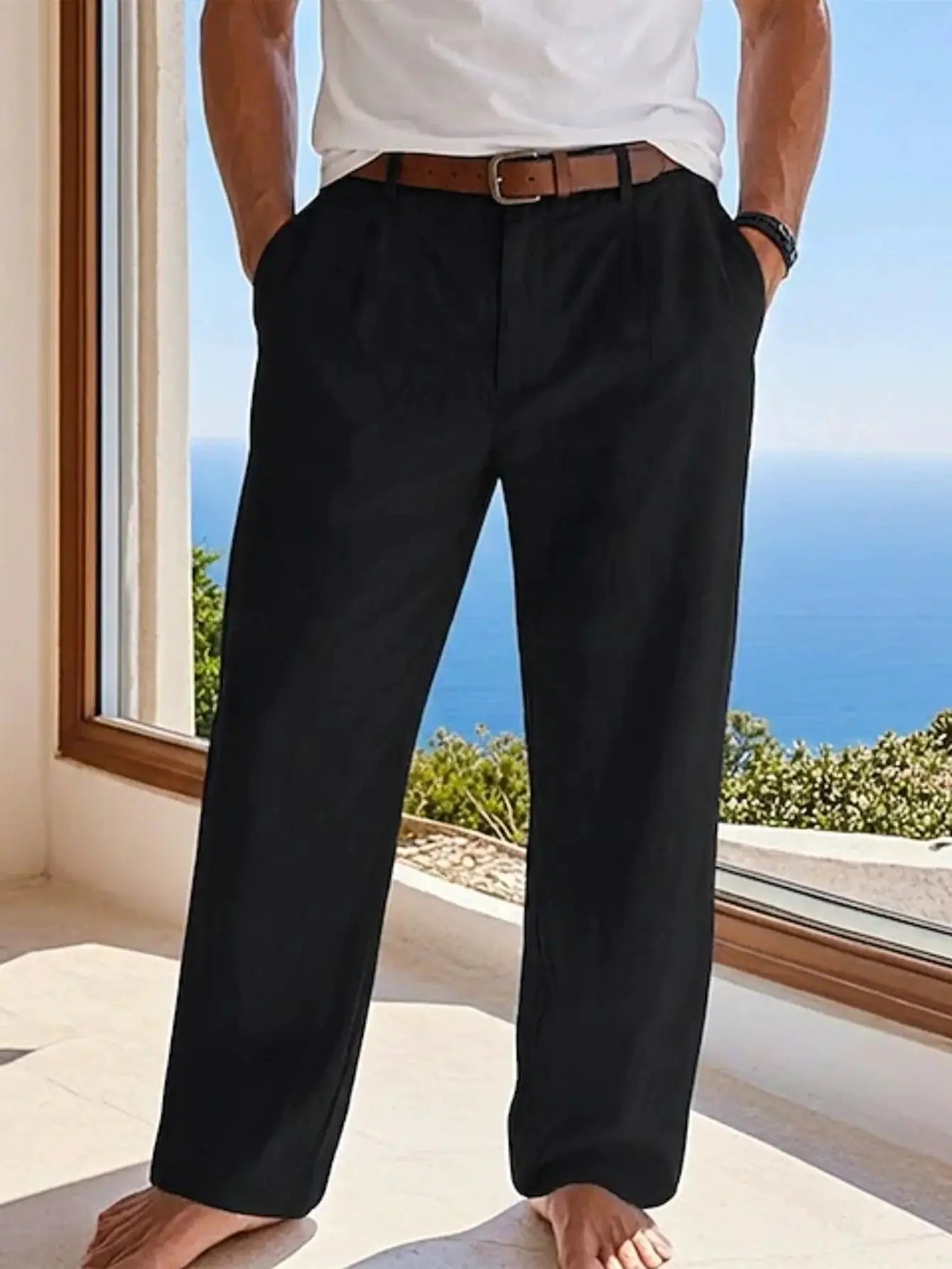 Men's black cotton-linen loose-fit long pants; casual solid-color trousers