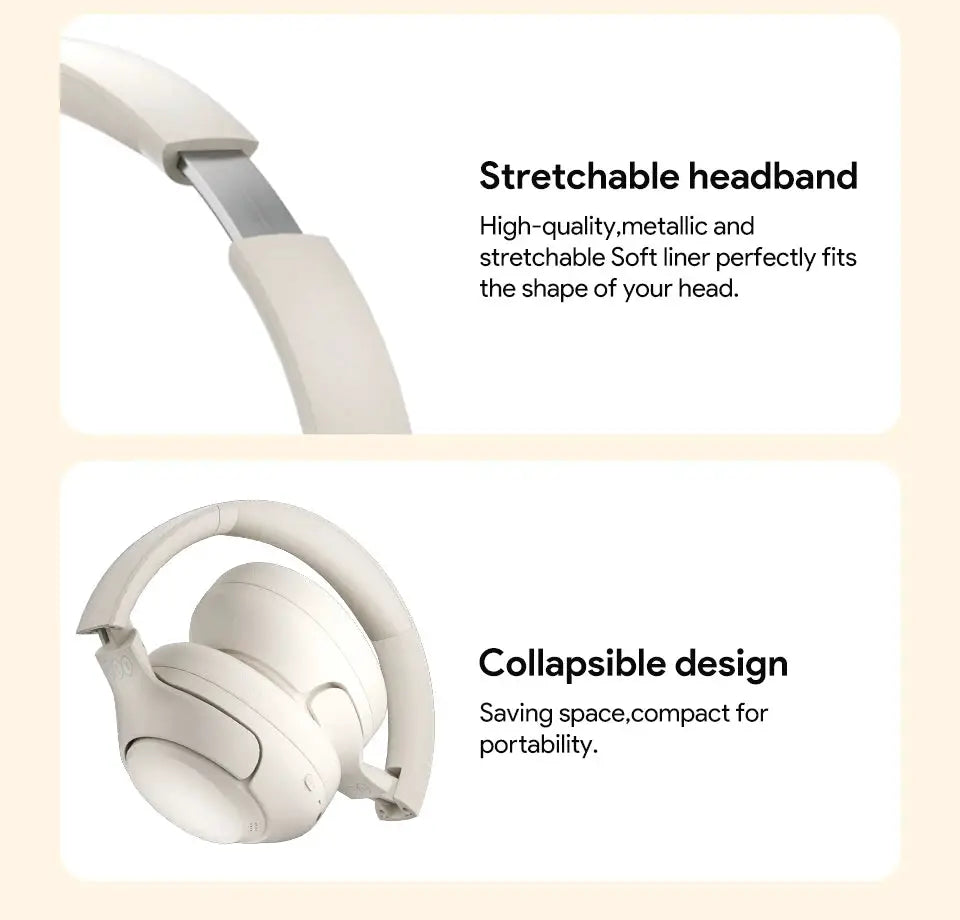QCY H3 ANC wireless over-ear headphones, beige, with stretchable headband and collapsible design.
