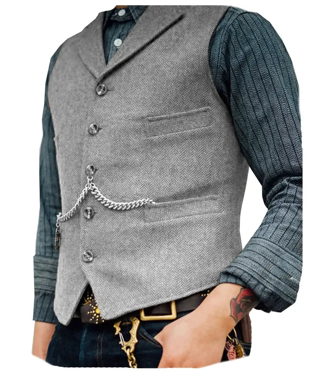 Men's wool tweed vest waistcoat in grey with chain detail over teal shirt