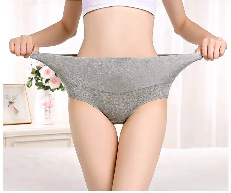 Plus-size high-waist women's cotton panties in grey fabric