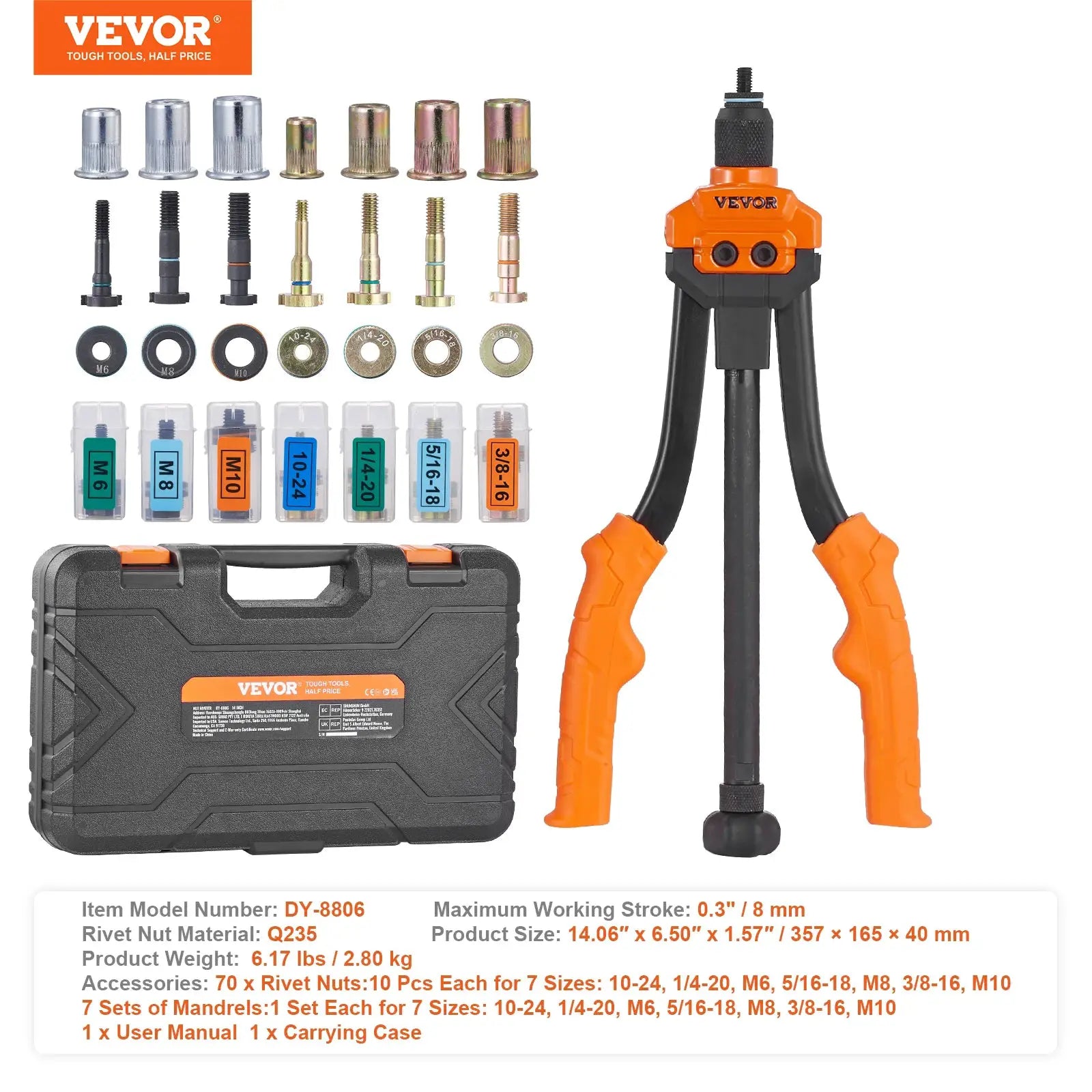 SucceBuy 14 Inch and 16 Inch Rivet Nut Tool Kit With Metric And SAE Mandrels 70 or 186 Piece Rivet Nuts In Rugged Case