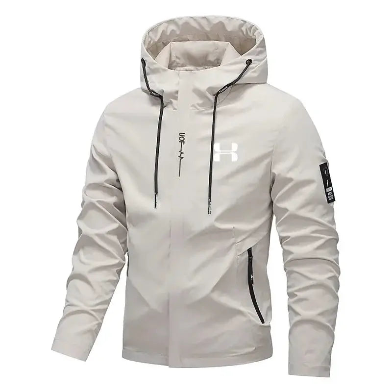 Men's Simples Market hooded windbreaker jacket in light beige with zip-up front and black accents
