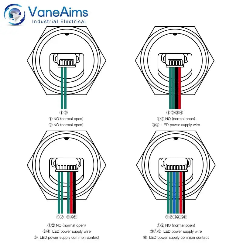 LED push button switch with wire; ultra-short 19/22/25/30mm, waterproof metal body, momentary self-reset, 4 diagrams