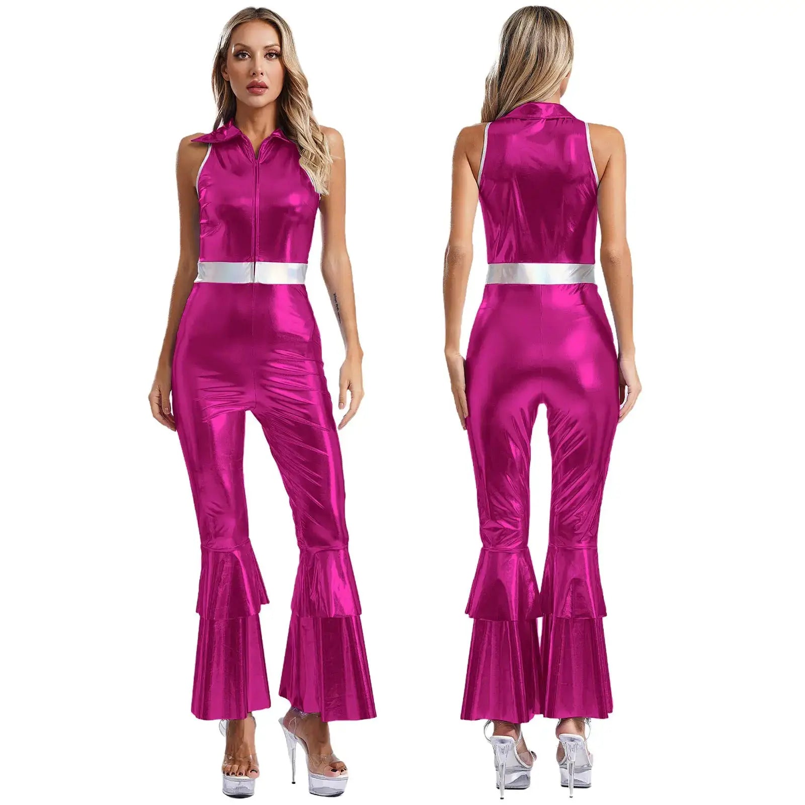 Womens 70s disco metallic jumpsuit, magenta pink, sleeveless with white belt, front zip, flared bell bottoms; two views