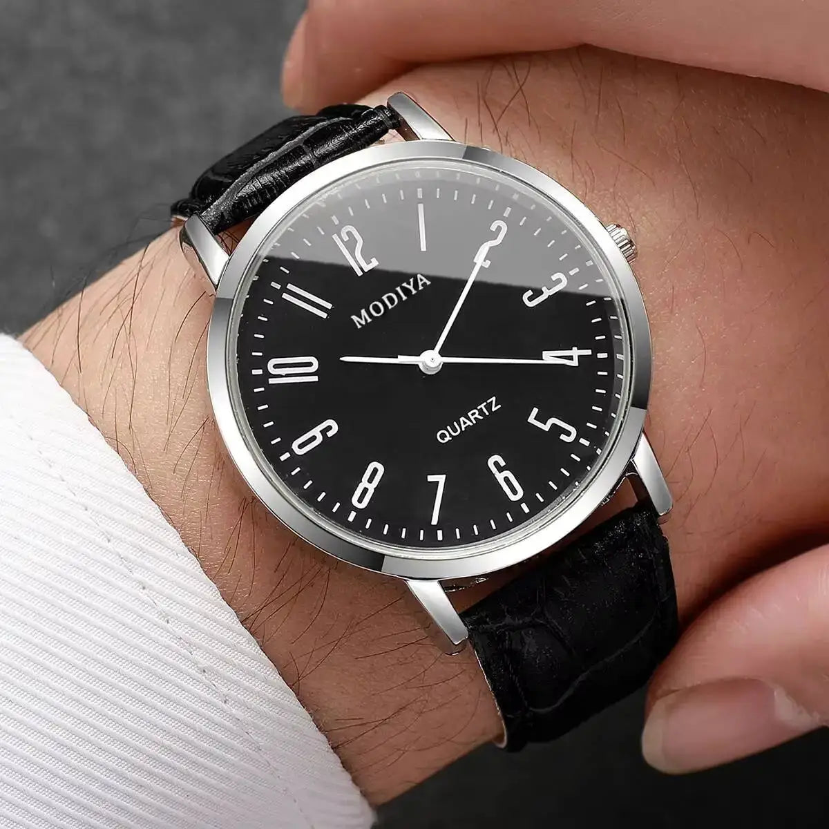 3 Piece Set Fashion Mens Business Wristwatches With Arabic Dial Leather Strap Quartz Box Not Included