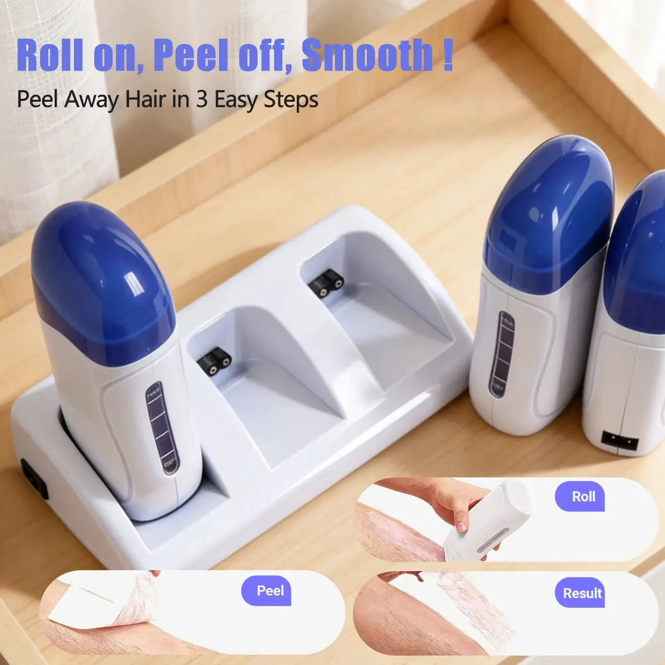 Three Simples Market roll-on wax machines with white bodies and blue caps