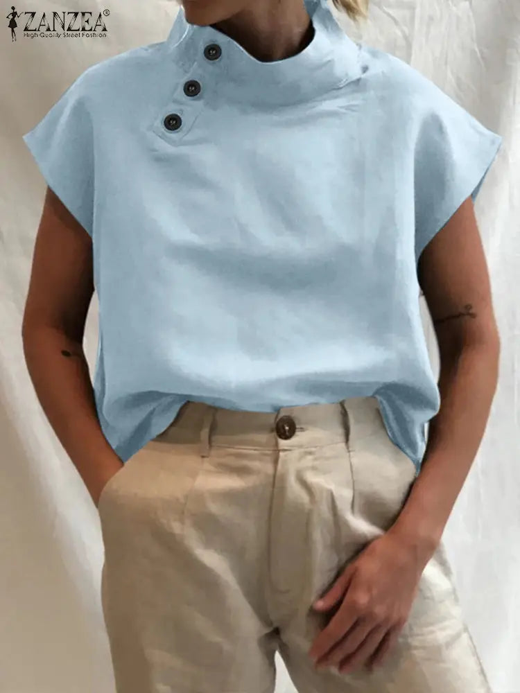 ZANZEA Women Blouses Cotton Linen Summer Top Short Sleeve Tunic
