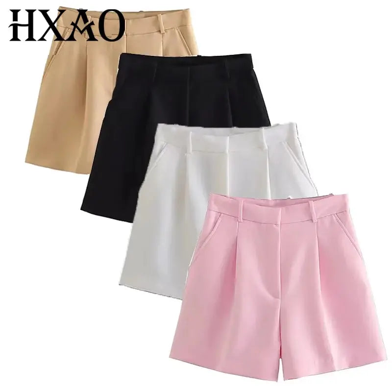 HXAO Pleated Baggy High Waist Shorts For Women Summer 2024 White Black Pink Polyester Broadcloth Casual Comfort