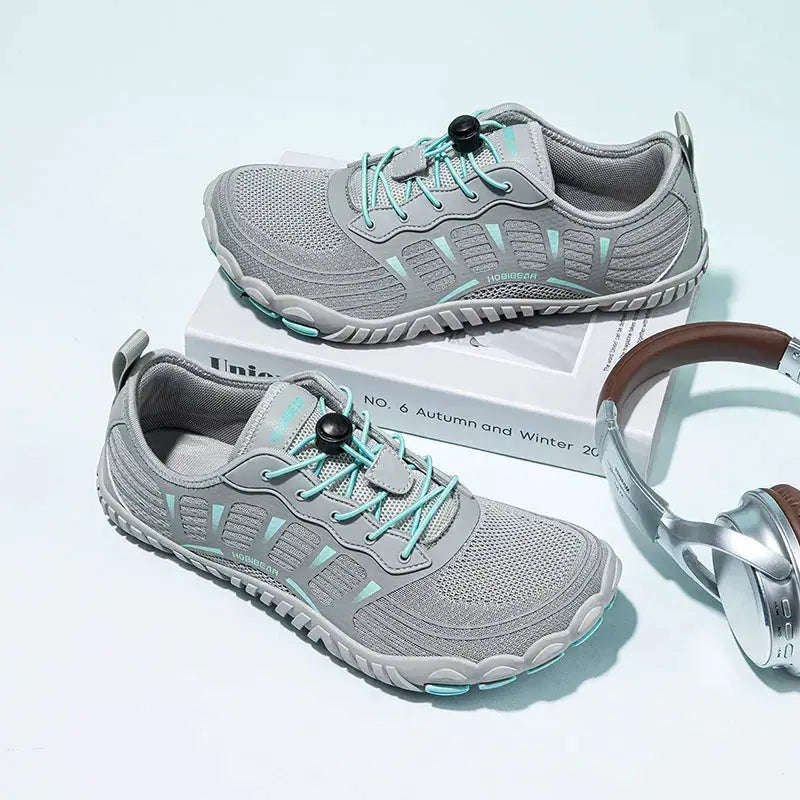 HOBIBEAR barefoot shoes pair, gray with teal breathable mesh, wide toe walking sneakers
