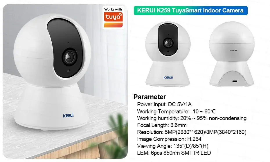 KERUI TuyaSmart indoor camera, white spherical security cam with black lens; works with Tuya
