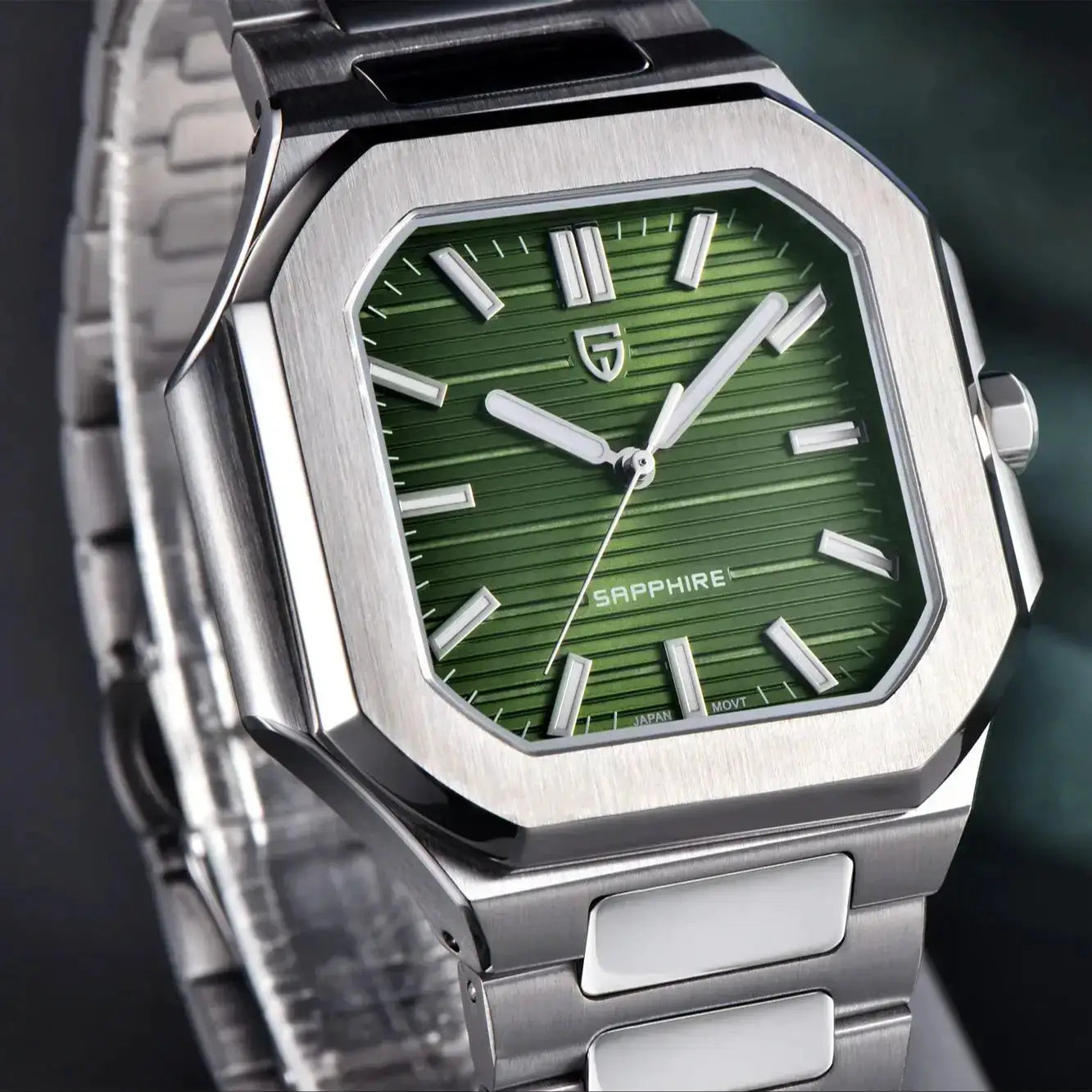 Pagani Design men's quartz wristwatch with green striped dial, stainless steel case/bracelet, sapphire, 37mm, 10bar