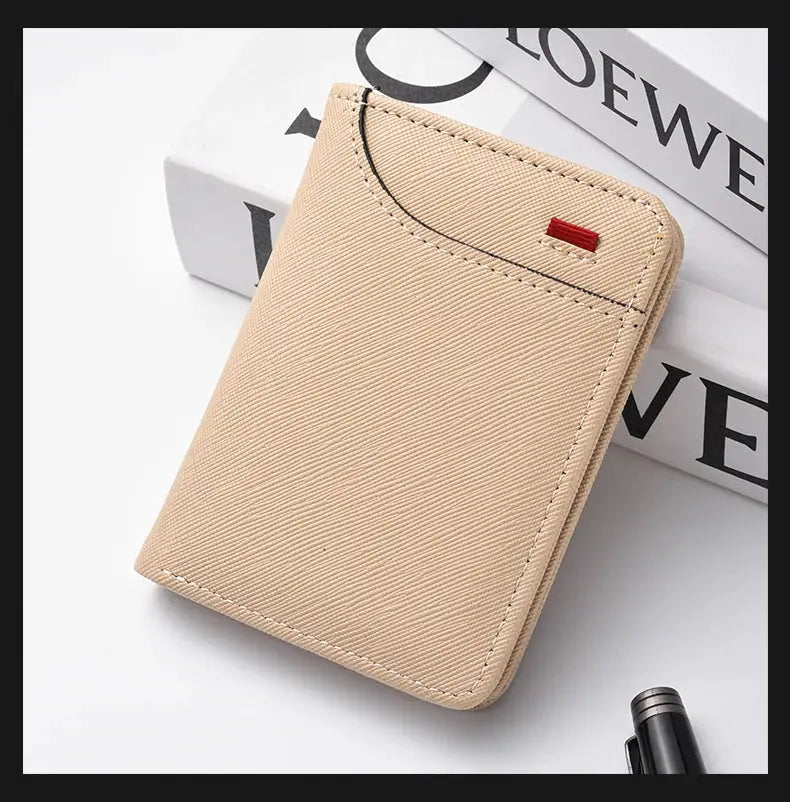 Men's vertical beige wallet with multiple card slots; Simples Market, Loewe backdrop