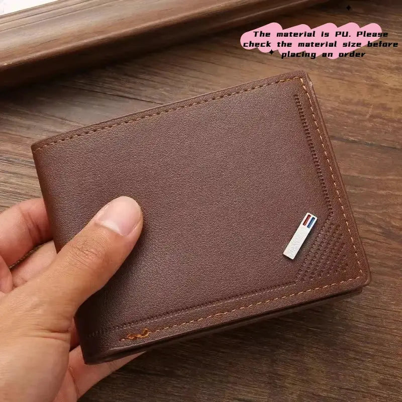 Men's brown soft leather short wallet, foldable minimalist design