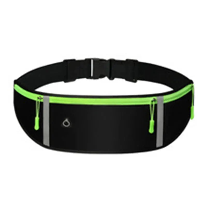 Outdoor running waist bag by Simples Market with neon-green zipper, for mobile phone, and three waterproof pockets.