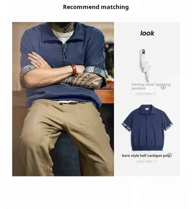 Maden men's vintage chino pants in khaki linen-blend with elastic waist, worn by a model in a blue top