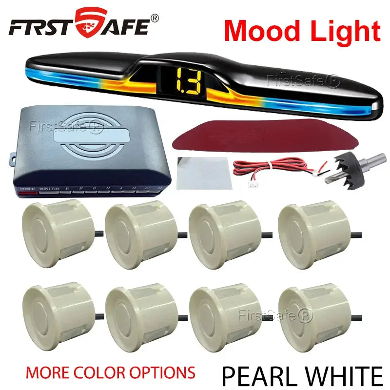 FirstSafe 8-sensor parking kit for front and rear with mood light display and backup monitor, Pearl White