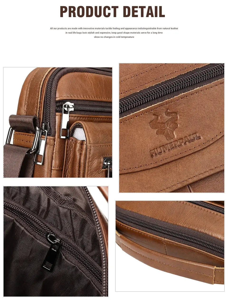 HUMERPAUL genuine leather small messenger bag for men, brown with multiple zipped compartments and crossbody strap