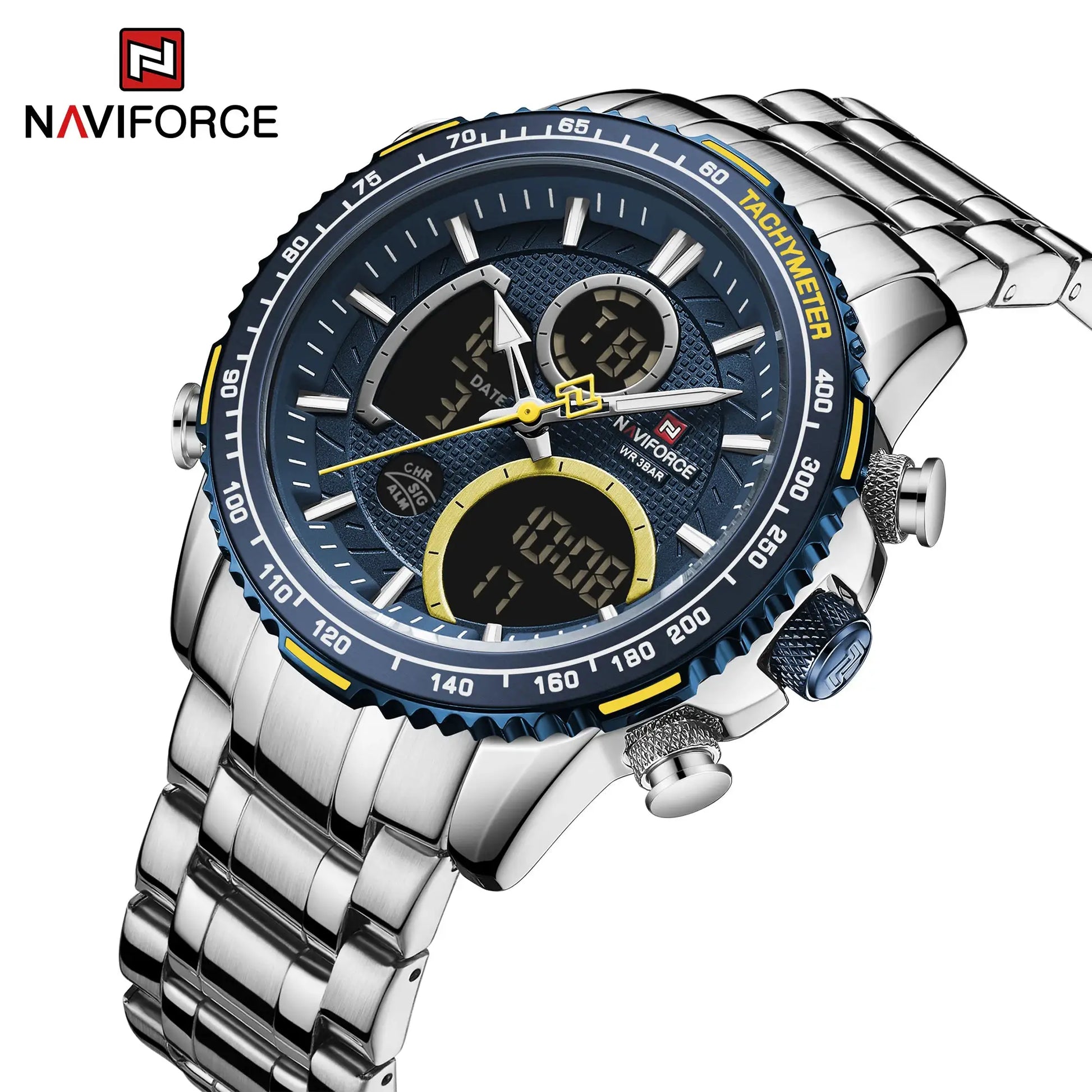 NAVIFORCE men's stainless steel sport watch with blue dial and tachymeter bezel