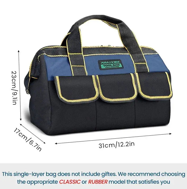 Airaj multifunctional tool bag; black body with blue panel, three yellow-trim front pockets, 1680D Oxford cloth