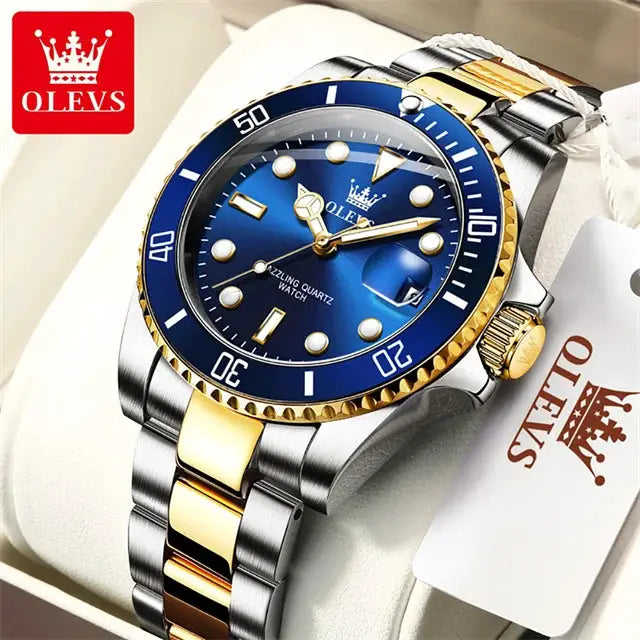 OLEVS men's diving quartz watch with blue dial and two-tone stainless steel bracelet, waterproof