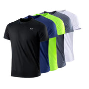 Men's quick-dry short-sleeve gym T-shirt set in black, navy, neon green, gray, and white (5-pack) with round neck.