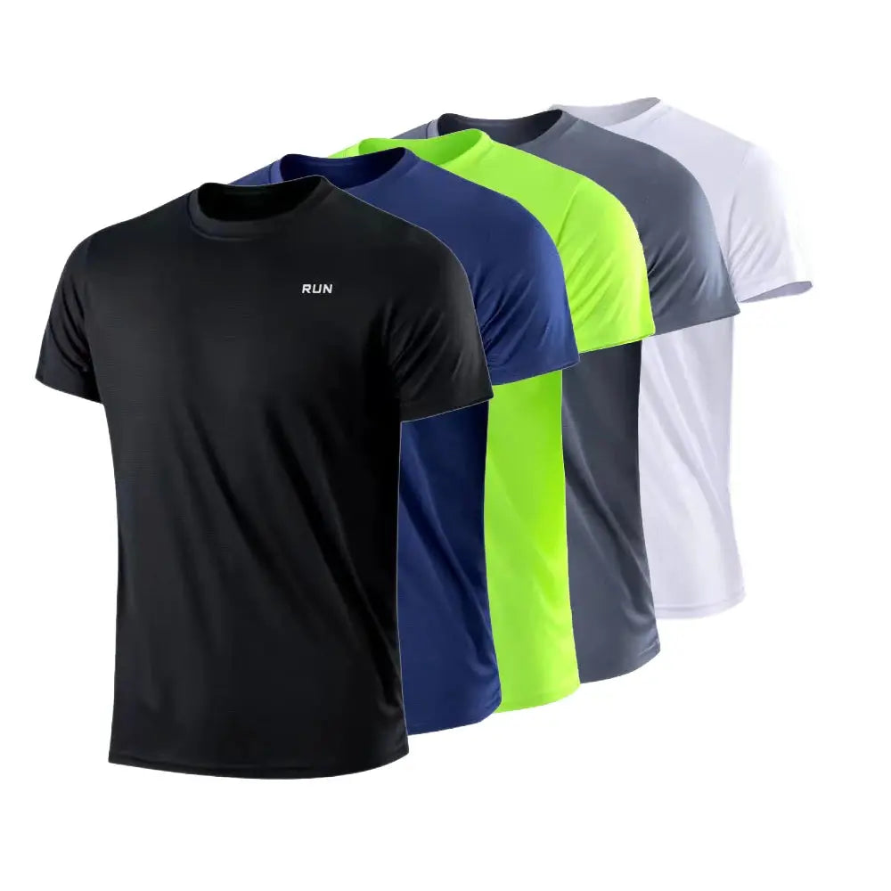 Men's quick-dry short-sleeve gym T-shirt set in black, navy, neon green, gray, and white (5-pack) with round neck.