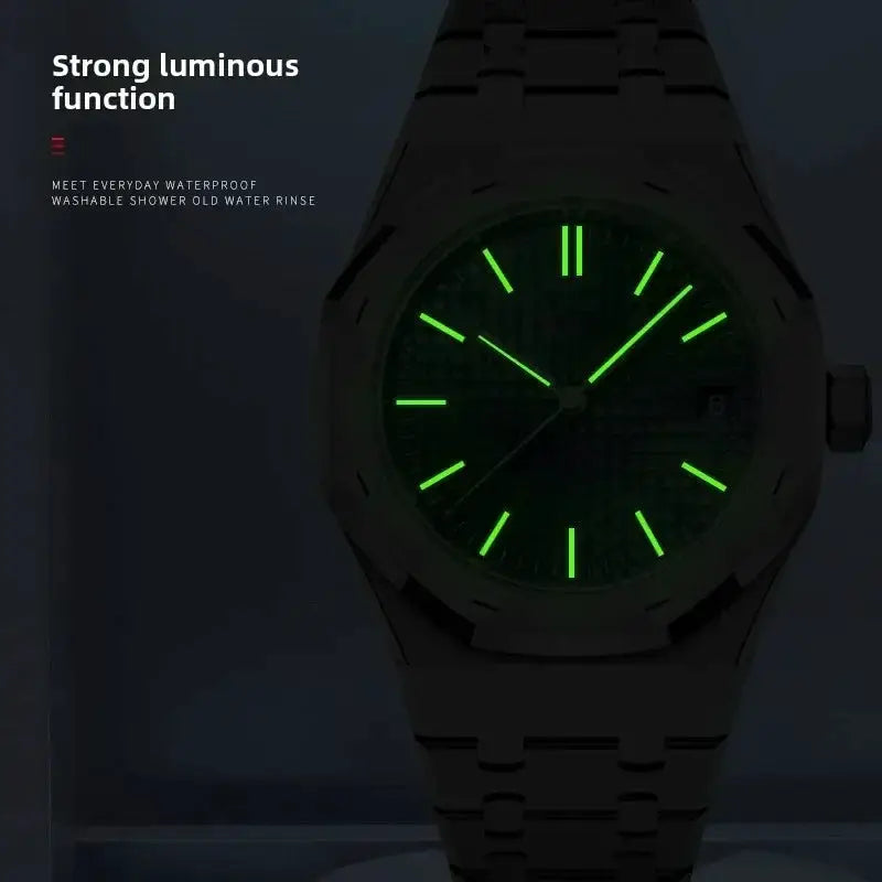 Men's watch by Simples Market with stainless steel bracelet and luminous green dial